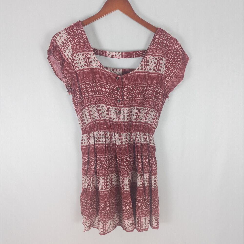 Forever 21 Shirt Womens Small Red Boho Peasant Top Short Sleeve Strappy V‎ Back